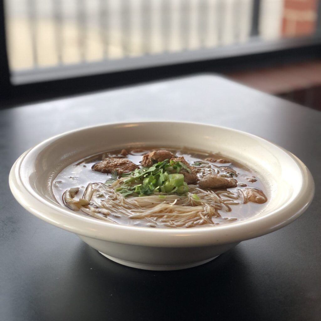 Thai style chicken rice noodle soup with green onions and pepper.
